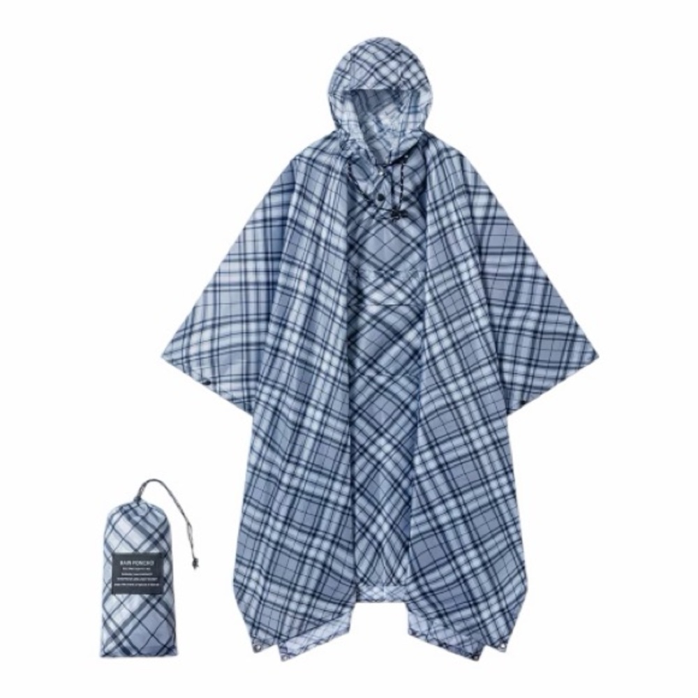 Blue Water-Resistant Plaid Hooded Rain Poncho With Matching Carry Pouch NWOT